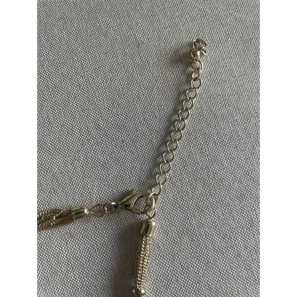 Gold Tone Tassel Necklace Rhinestone Bead Lariat Fringe Statement 19" Chain - Picture 7 of 8